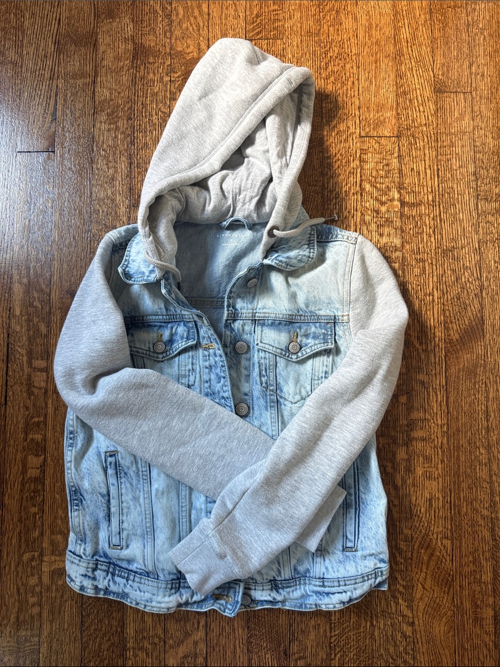 Aeropostale Light Blue Denim Jacket with Gray Hoodie Sleeves